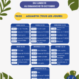 Planning hebdomadaire des activités Family & Friends à l'hôtel, du 13 au 19 octobre, incluant l'Aquagym et les animations de soirée.