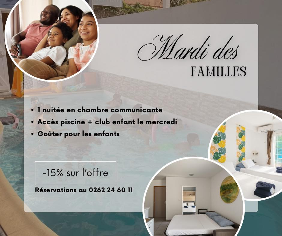 Promotion Mardi des Familles : 1 nuitée en chambre communicante avec accès piscine et club enfant, -15% de réduction.